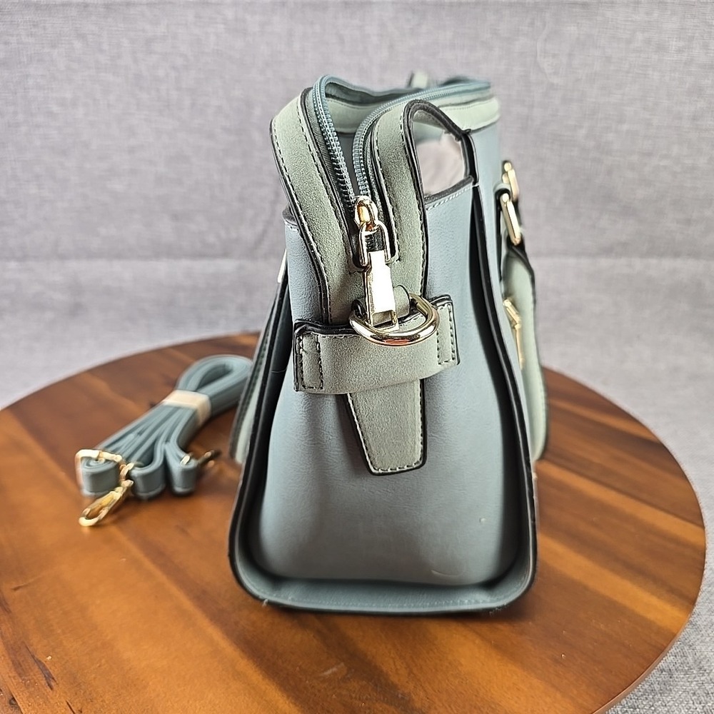 Blue Grey Laser Cut Faux Leather Satchel Handbag with Crossbody Strap Gold Tone - Picture 3 of 9